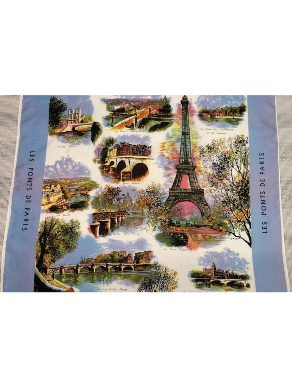 Vintage 50s 60s LES PONTS DE PARIS FRANCE Blue Periwinkle Satin Scarf Acetate